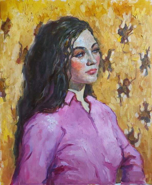 Portrait on a yellow background Painting, 20.9x17.7 in