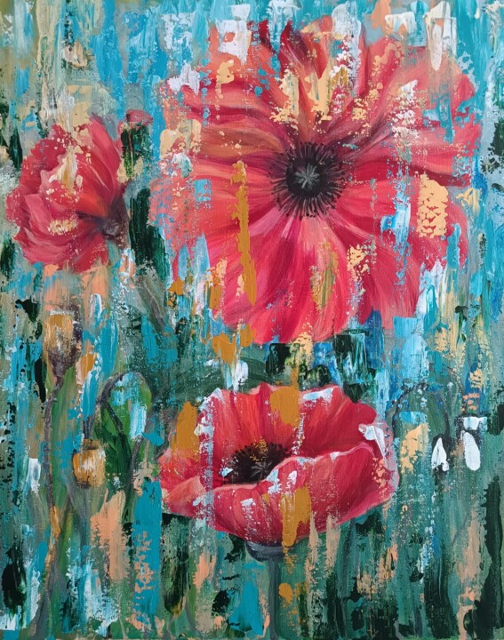 Painting titled "Poppies in a Rain o…" by Elena Gotovtseva, Original Artwork, Acrylic Mounted on Wood Stretcher frame
