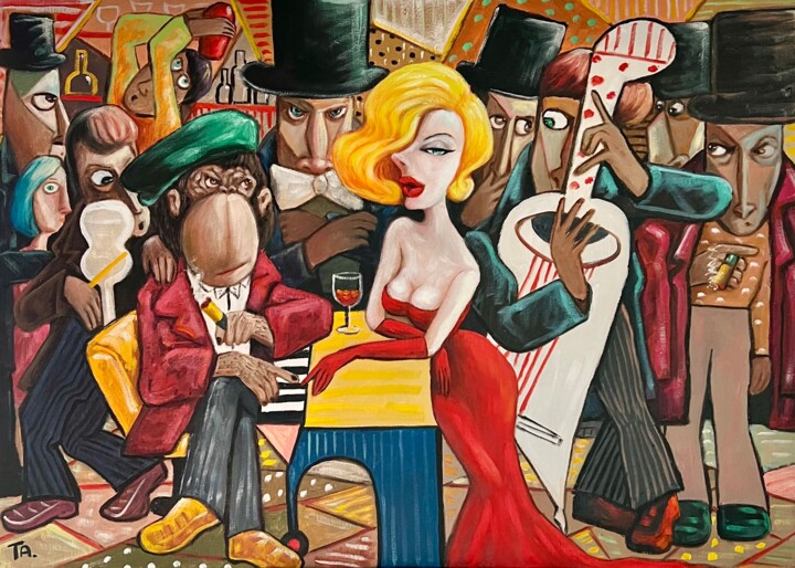 Painting titled "Jazz Trio" by Ta Byrne, Original Artwork, Oil Mounted on Wood Stretcher frame