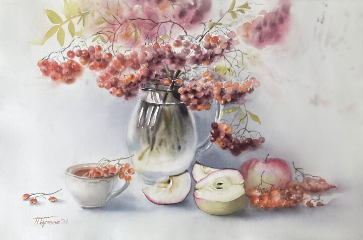 tea with apples and rowan 绘画, 14.8x22.1 in