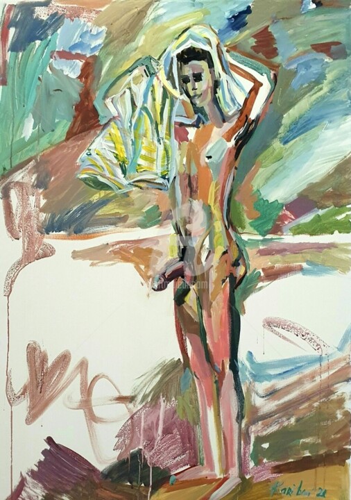 Erfrischung. Positivität des Körpers. Male nude 绘画, 39.4x27.6 in