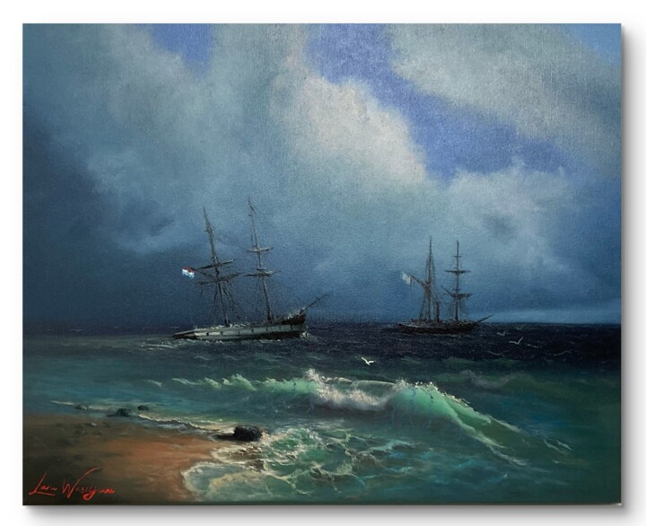 “Guardians of the Silent Coast” – Oil on Canvas Malarstwo, 15,8x19,7 in