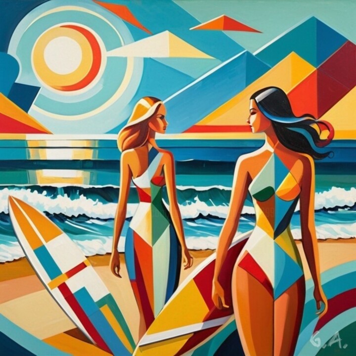 Art contemporain cubiste : surfeuses géométriques sur plage 数字艺术