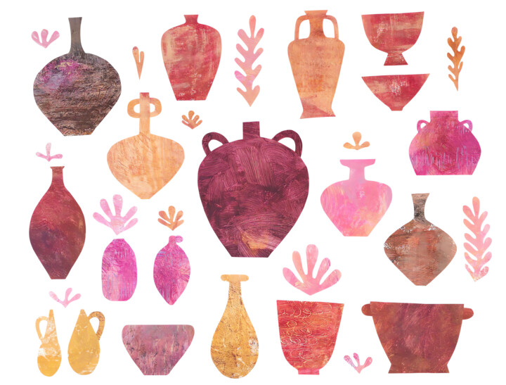 Wine-Colored Vessels Collage of Hand-Painted Paper Collages, 19,7x25,6 in