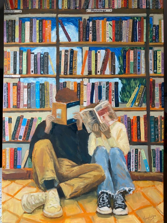 Painting titled "La Biblioteca" by Inna Kalenychenko, Original Artwork, Oil Mounted on Wood Stretcher frame