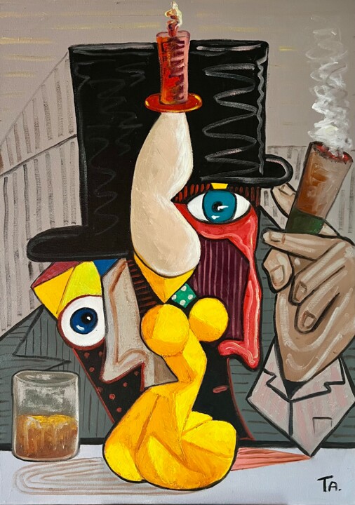 Painting titled "Mr Shifty relaxing" by Ta Byrne, Original Artwork, Oil Mounted on Wood Stretcher frame