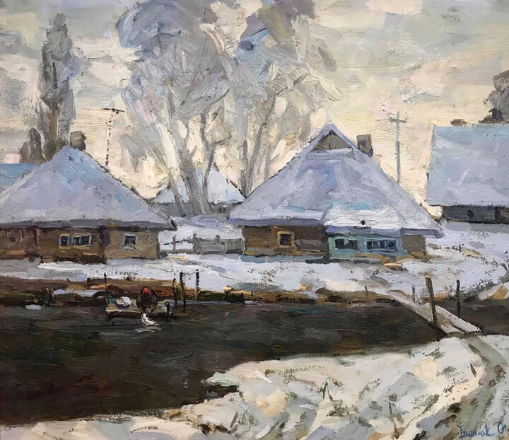 Evening winter landscape Schilderij, 27,6x51,2 in