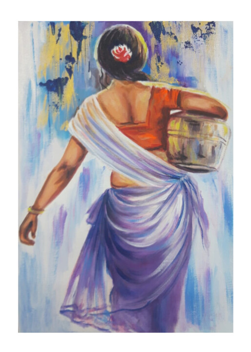 Painting titled "Indian woman going…" by Shree Krishnam Arts Manish Vaishnav, Original Artwork, Acrylic