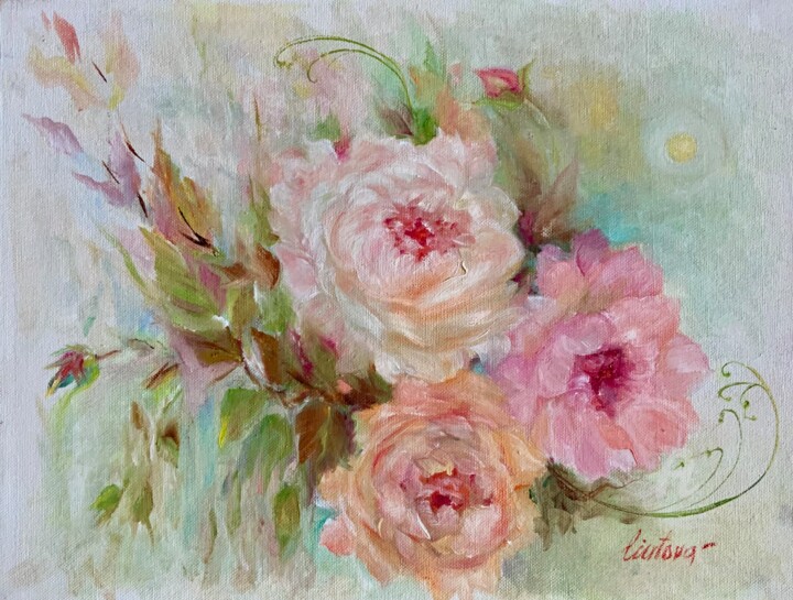 Painting titled "Пионы" by Olga Liutova-Amplatz, Original Artwork, Oil Mounted on Wood Stretcher frame