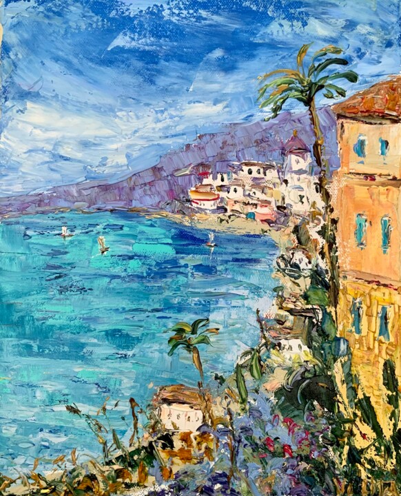 Painting titled "French Riviera Oil…" by Vilma Gataveckiene, Original Artwork, Oil