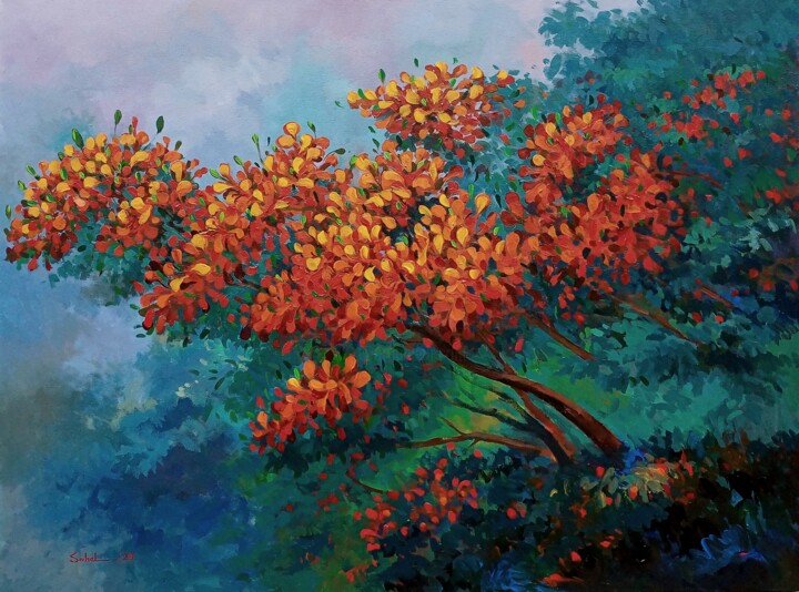 Painting titled "Flower painting by…" by Sada Canvas, Original Artwork, Acrylic