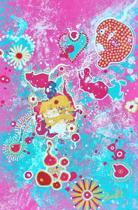 Surreal Hearts in Bloom on turquoise, magenta, pink, white 绘画, 16.5x11.7 in