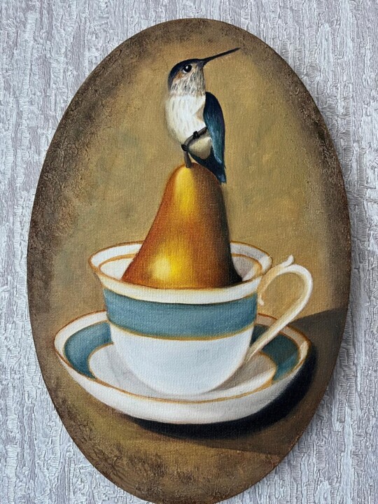 птичка на груше 绘画, 11.8x7.9 in