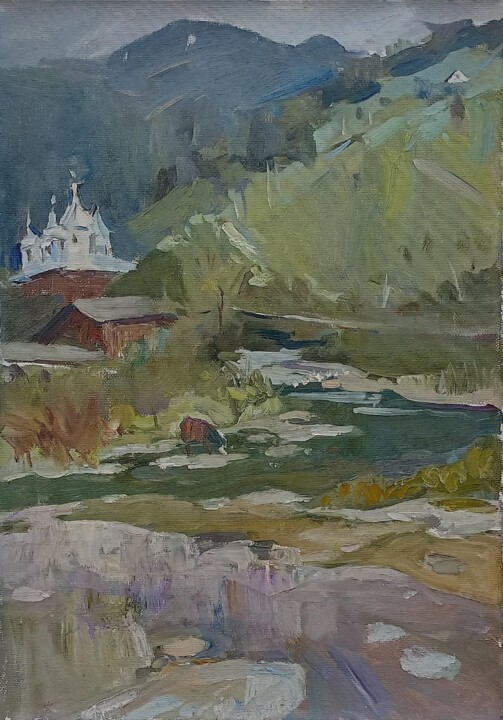Church by the Mountain River Картина, 19,7x13,8 in