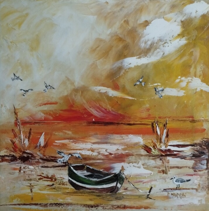 barques maree basse bretagne... 绘画, 15.8x15.8 in