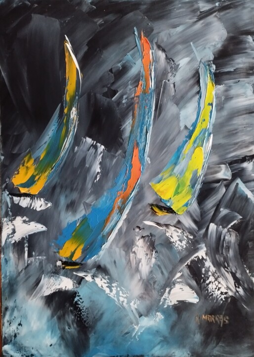 voiliers en mer déchainée 绘画, 18.1x13 in