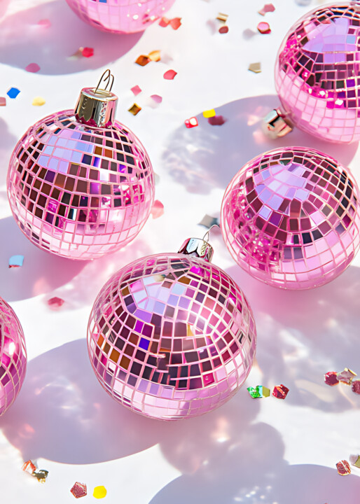 Digitale Kunst getiteld "Pink Disco Balls Pa…" door Chun Yu Guan, Origineel Kunstwerk, AI gegenereerde afbeelding Gemonteerd…