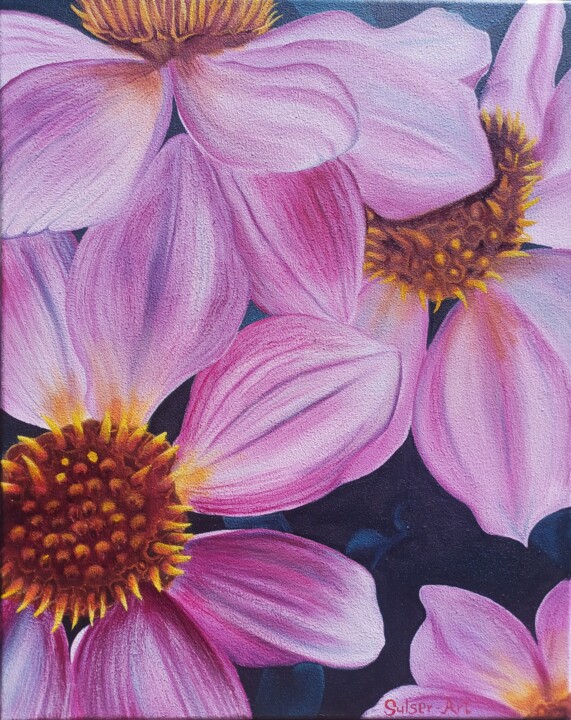 Painting titled "Dahlia" by Sulser-Art, Original Artwork, Oil Mounted on Wood Stretcher frame