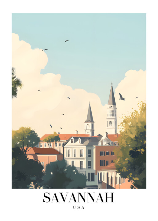 Digital Arts titled "Savannah Cityscape…" by Chun Yu Guan, Original Artwork, AI generated image Mounted on Cardboard