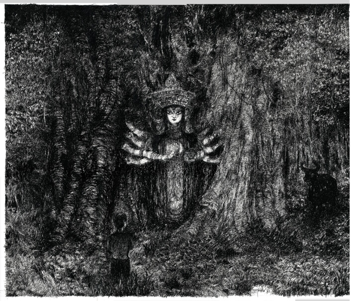 Drawing titled "Kono ek sobuj gohon…" by Subhashis Ghosh, Original Artwork, Ink