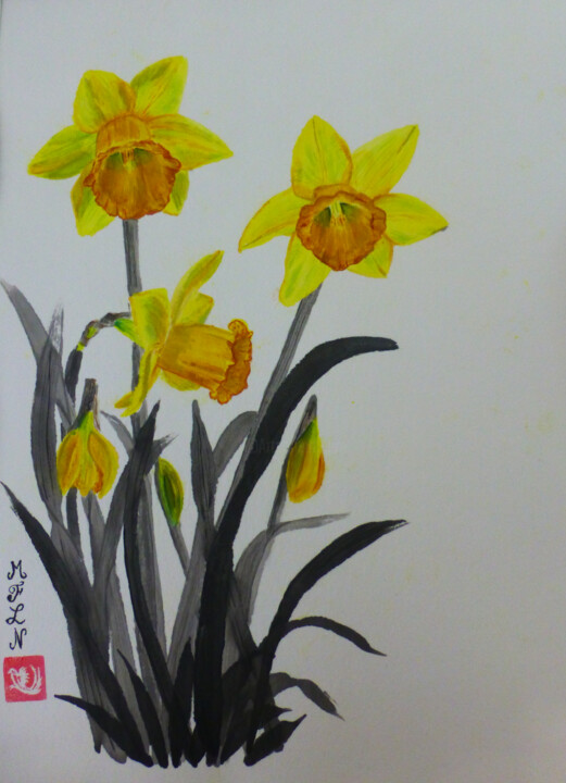 图画 标题为“Fleurs de jonquilles” 由Marie-Françoise Le Néen, 原创艺术品, 水彩