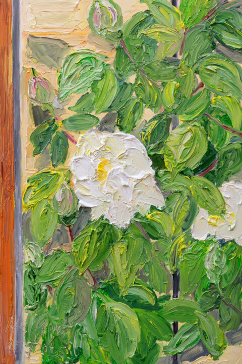 Painting titled "Weiße Rosenblüten a…" by Ute Meyer, Original Artwork, Oil Mounted on Wood Panel