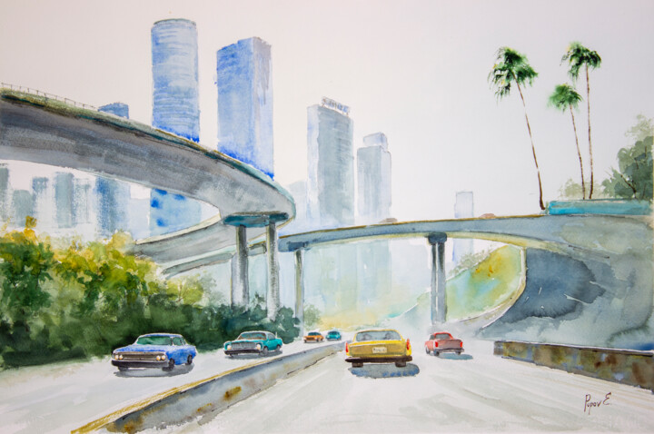 Painting titled "On my way to Downto…" by Eugene Popov, Original Artwork, Watercolor