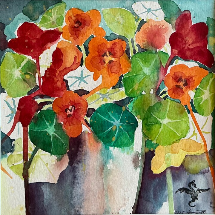 Painting titled "Eine Vase voll Kapu…" by Lyndwoorm, Original Artwork, Watercolor