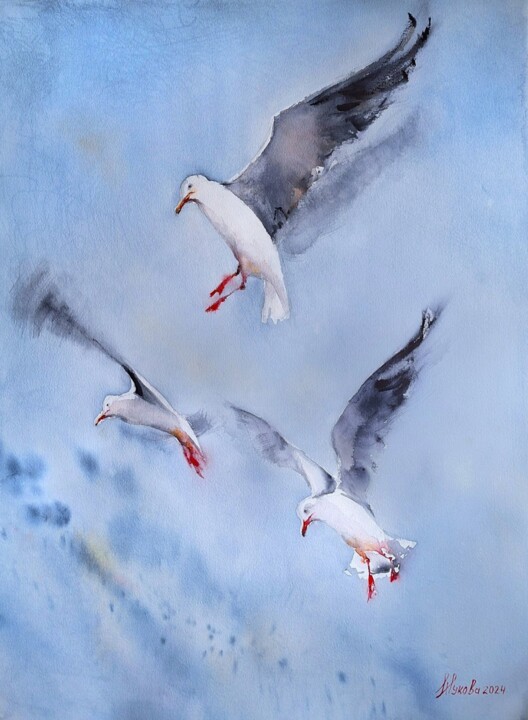 Painting titled "Seagulls in flight" by Marina Zhukova, Original Artwork, Watercolor