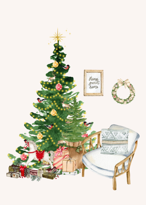 Digitale Kunst getiteld "Cozy Christmas Deco…" door Chun Yu Guan, Origineel Kunstwerk, AI gegenereerde afbeelding Gemonteerd…