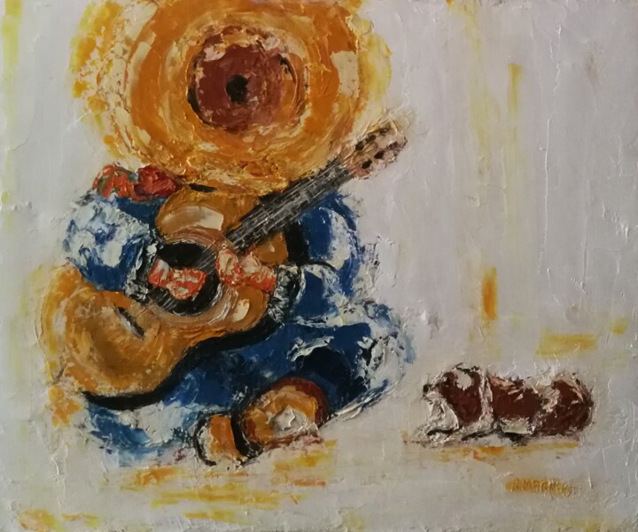 JEUNE MEXICAIN AVEC SA GUITARE ET SON CHIEN 绘画, 15x18.1 in