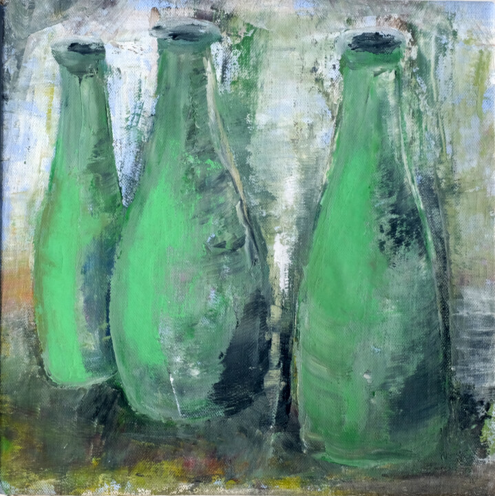 Painting titled "Three Green Bottles" by Christian Envall, Original Artwork, Oil Mounted on Wood Stretcher frame