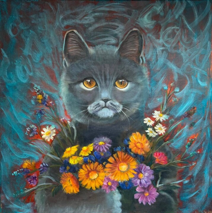 Ζωγραφική με τίτλο "Cat with Favorite F…" από Светлана Леонтьева, Αυθεντικά έργα τέχνης, Λάδι