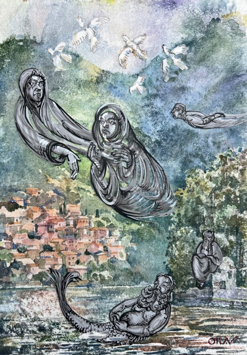 Painting titled ""The spirits of Lak…" by Peter Otlan, Original Artwork, Watercolor
