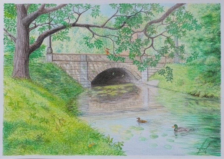 Drawing titled "Park in Riga" by Larisa Leontjeva, Original Artwork, Conté Mounted on Cardboard