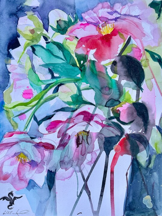 Painting titled "Pfingstrosenstrauss" by Lyndwoorm, Original Artwork, Watercolor