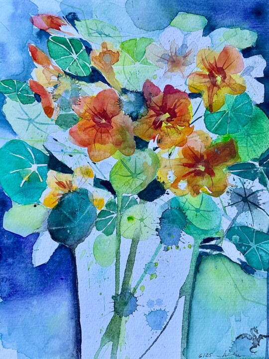 Painting titled "Sommerliche Kapuzin…" by Lyndwoorm, Original Artwork, Watercolor