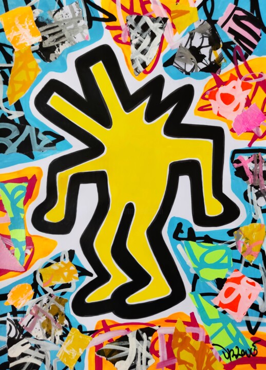 Pop dog yellow ( Tribute to Keith Haring ) Tablo, 15,8x11,8 in