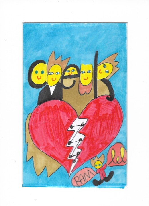 Drawing titled "COEUR EN 2" by Ramo Avec O, Original Artwork, Ink