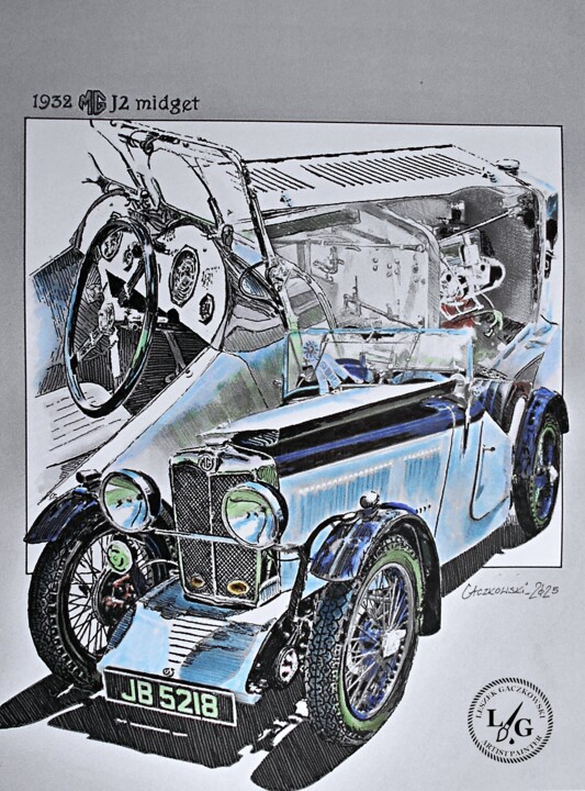 Samochód 932 MG J2 Midget 绘画, 16.5x11.7 in