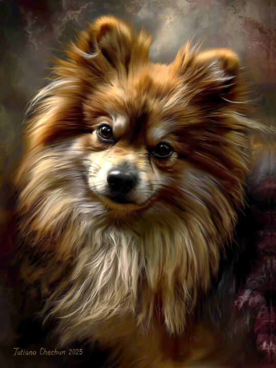 Painting titled "Oil painting. Spitz…" by Tatjana Cechun, Original Artwork, Oil Mounted on Wood Stretcher frame