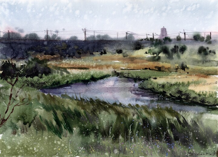 Field and river Картина, 12x16 in