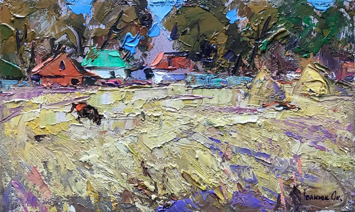 On the pasture Painting, 5.9x9.8 in