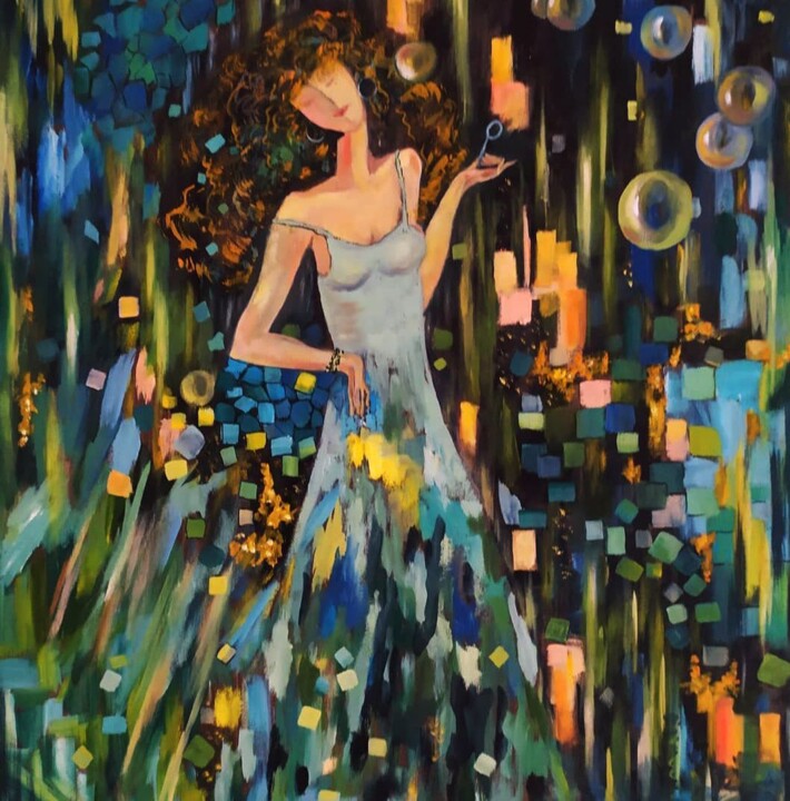 "The Magic of Bubbles" — woman, fantasy art, colorful 绘画, 23.6x23.6 in