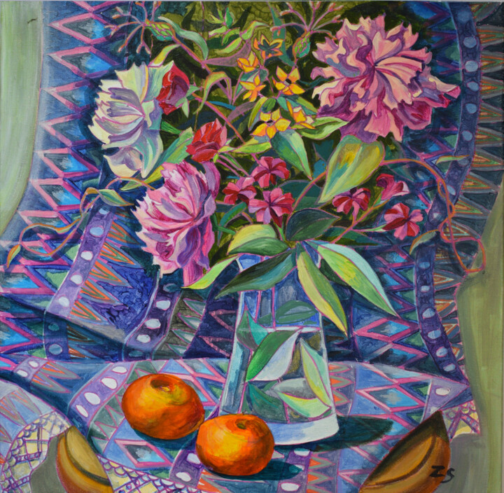 绘画 标题为“still life with tan…” 由Zora, 原创艺术品, 丙烯 安装在木质担架架上
