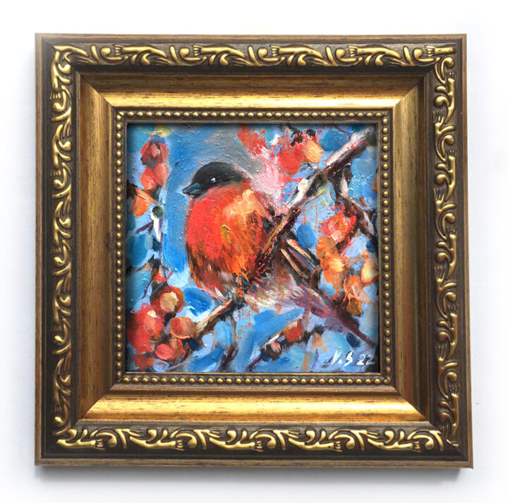 绘画 标题为“Framed bullfinch Bi…” 由Valerie Serova, 原创艺术品, 油 安装在纸板上