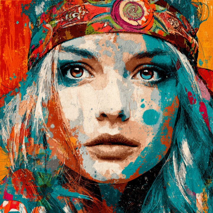 Painting titled "ORANGE HIPPIE FASHI…" by Claudia Sauter (Poptonicart), Original Artwork, Screenprinting