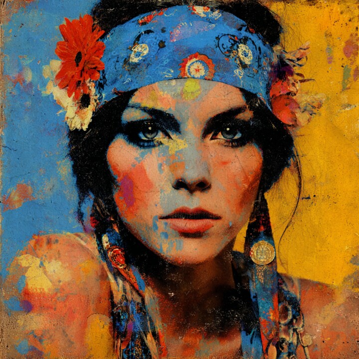 Painting titled "FLOWERPOWER WOMAN" by Claudia Sauter (Poptonicart), Original Artwork, Acrylic