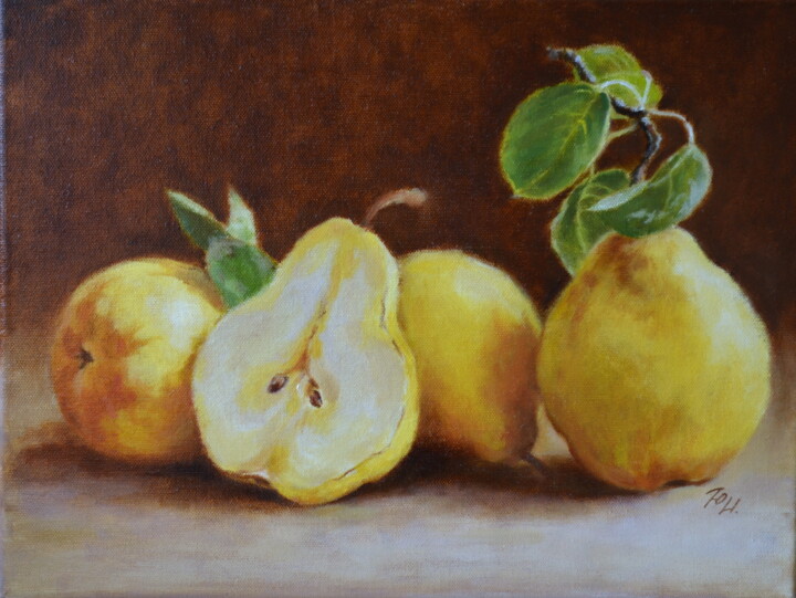 Four Yellow Pears Still Life 绘画, 11.8x15.8 in
