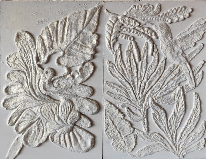 Tropical garden, two birds, diptych Sculptuur, 17,3x26,4 in